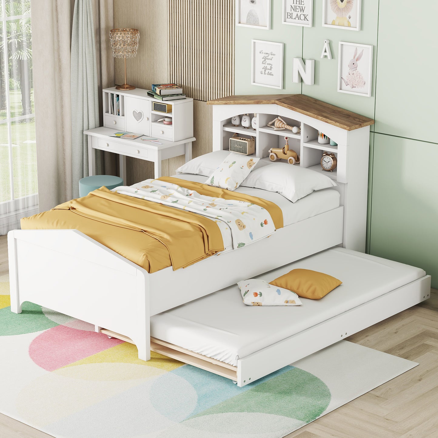 house-shaped bed with storage headboard and trundle, white