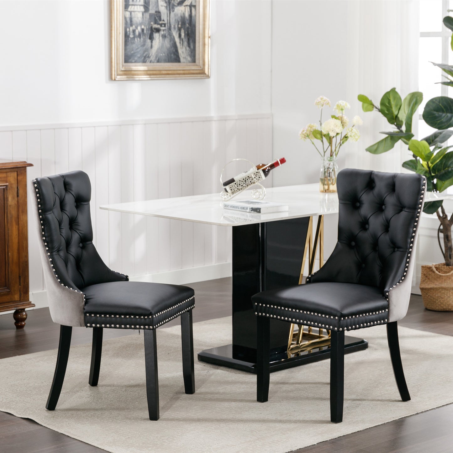 nikki collection modern high-end tufted dining chairs 2-pcs set, black+gray