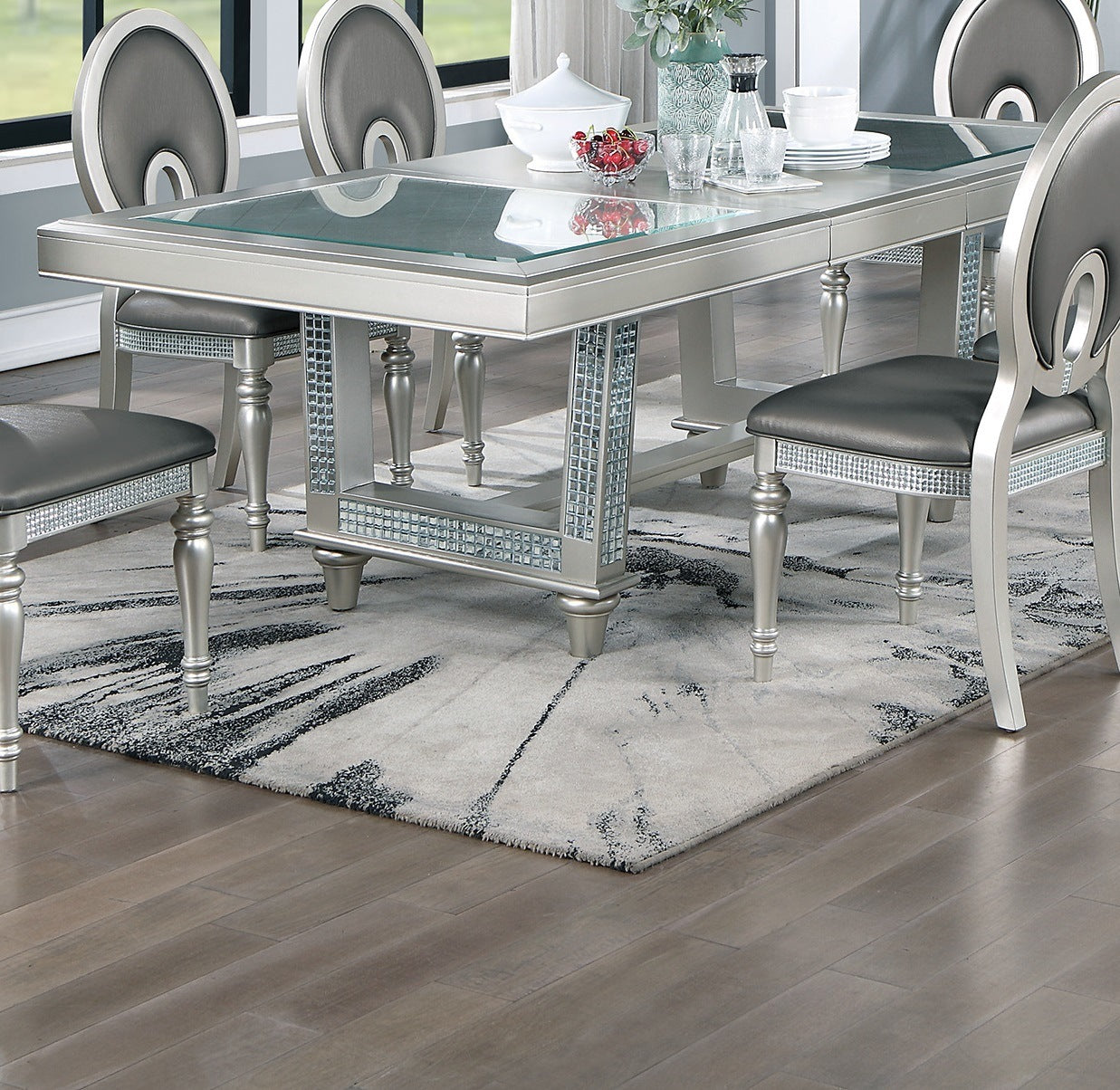 leaf silver hue glass top dining table