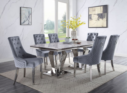 ACME Satinka Dining Table, Light Gray Printed Faux Marble & Mirrored Silver Finish
