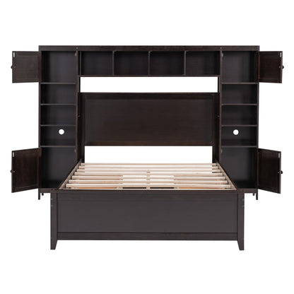 Wooden Bed With All-in-One Cabinet and Shelf