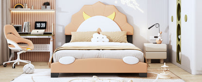 Upholstered Leather Platform Bed with Lion-Shaped Headboard, Brown