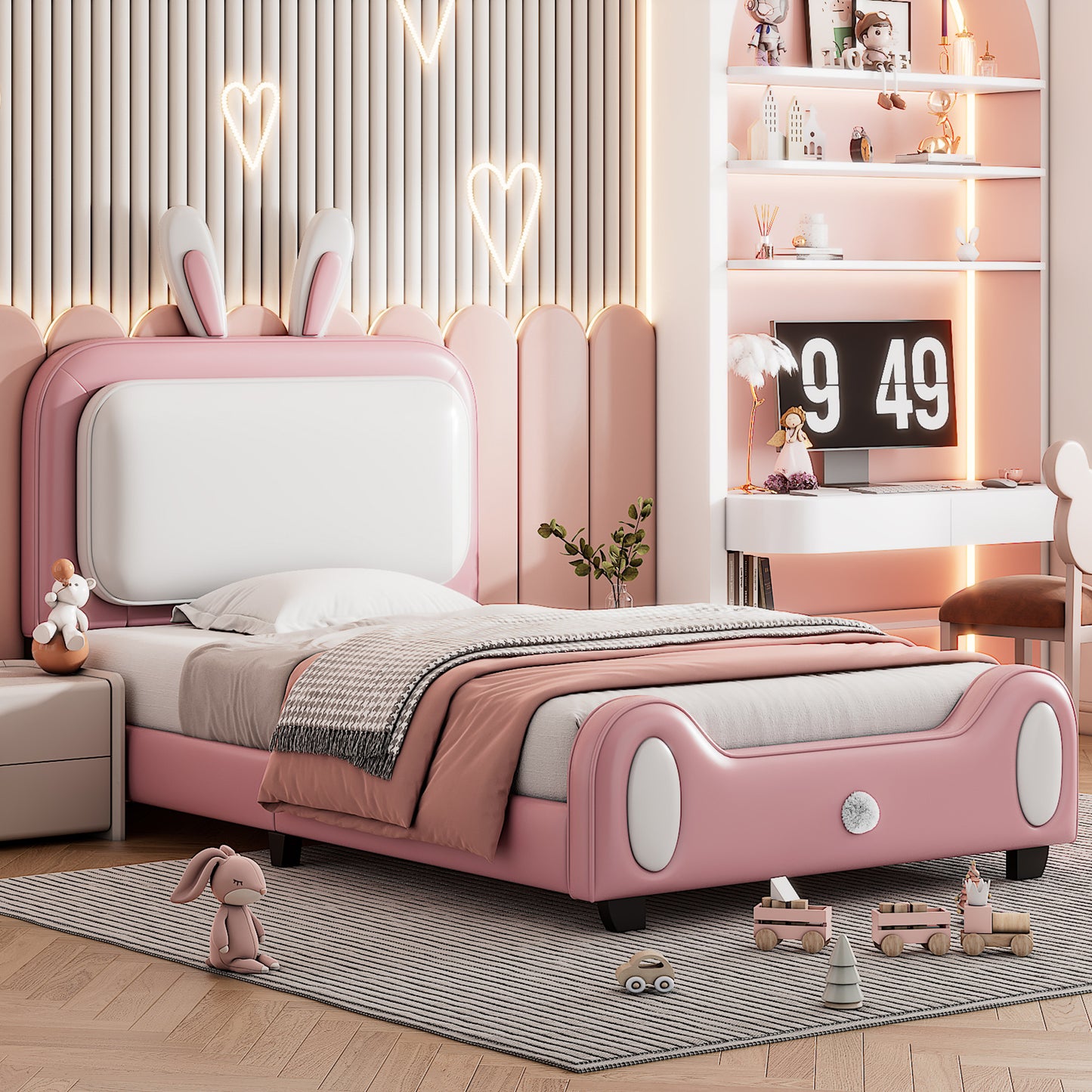 upholstered rabbit-shape princess bed, white+pink