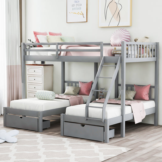 Triple Bunk Bed with Drawers and Guardrails, Gray