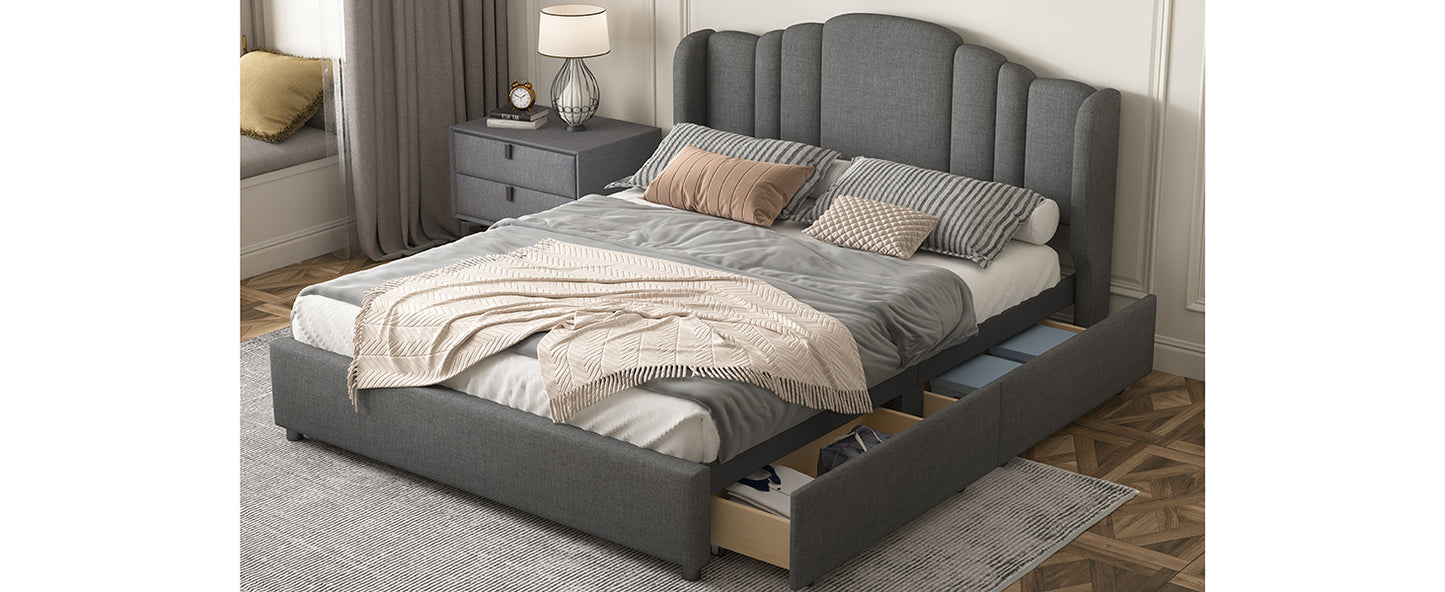 upholstered platform bed with wingback headboard and 4 drawers, gray