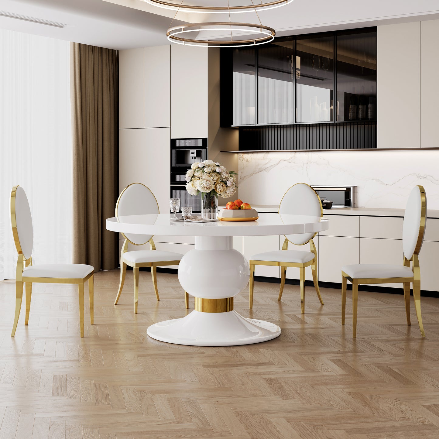 59" round white mdf dining table, base with gold finish stainless steel circle