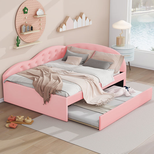 PU Upholstered Tufted Daybed with Trundle and Cloud Shaped Guardrail, Pink