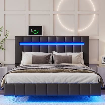 Floating Bed Frame with LED Lights and USB Charging