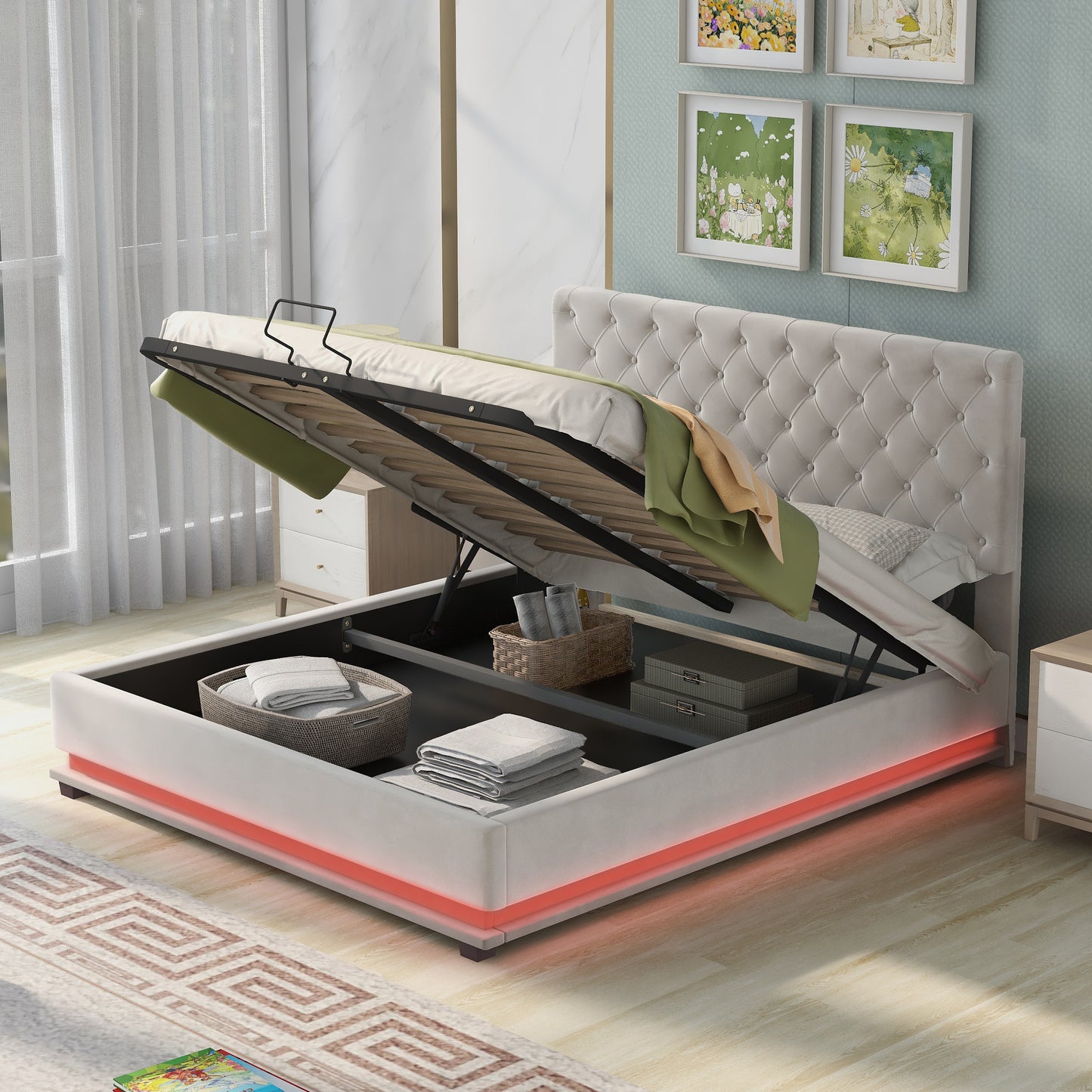 upholstered platform bed with adjustable tufted headboard and led light