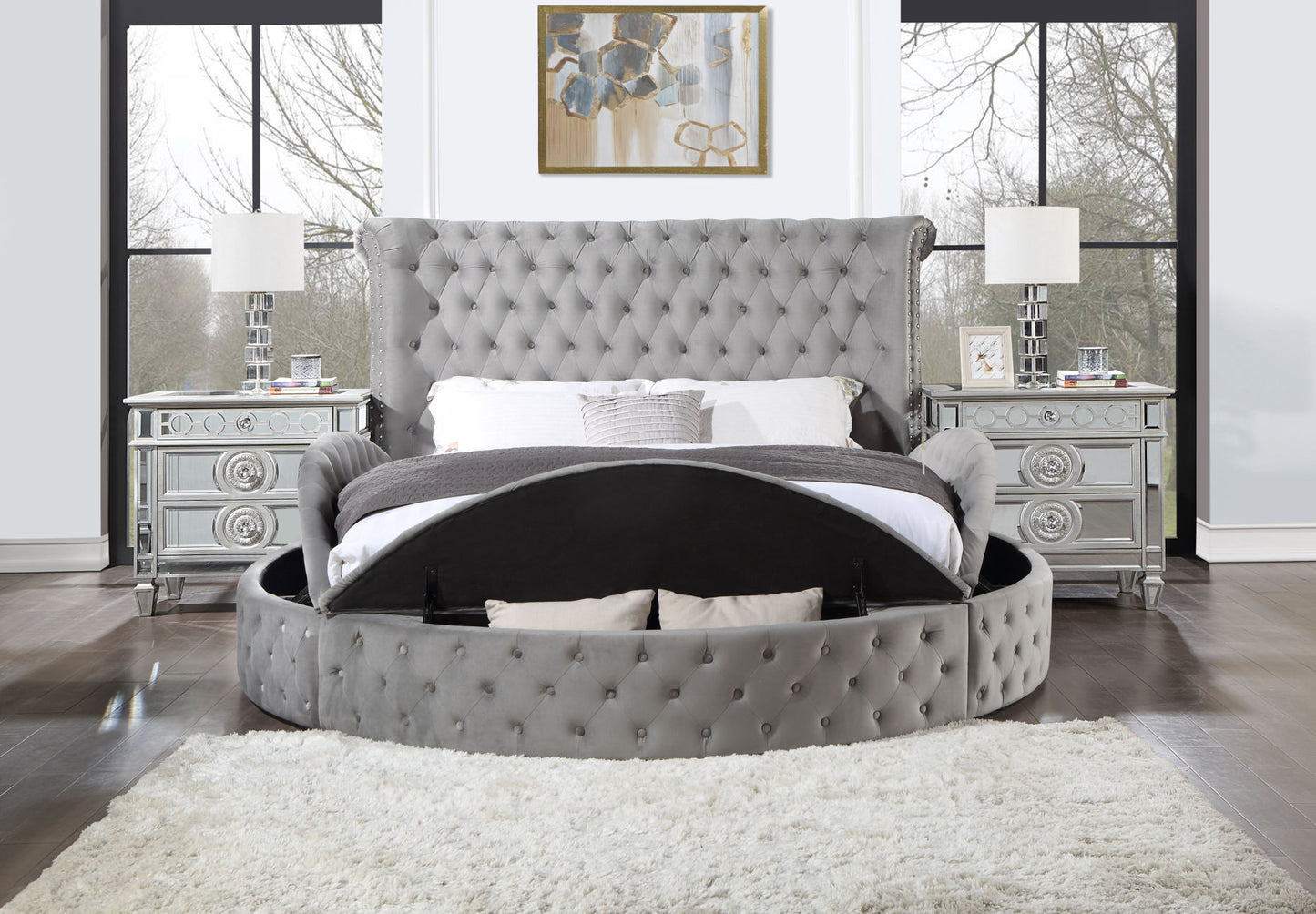 acme gaiva queen bed w/storage, gray velvet