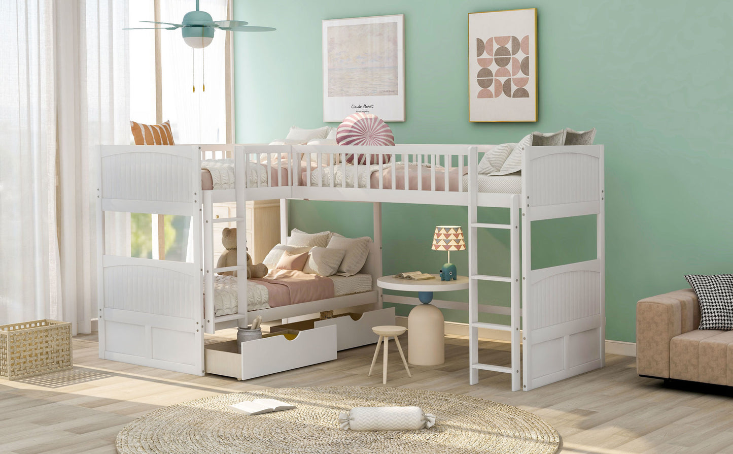 twin size bunk bed with a loft bed attached and two drawers, gray