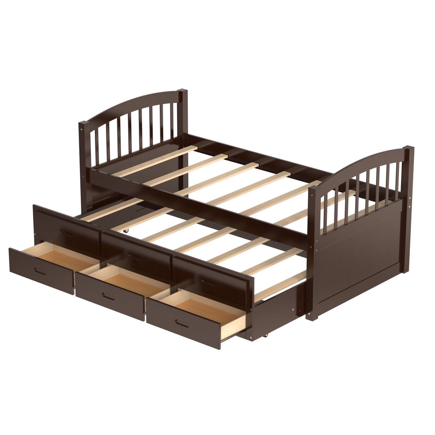 twin over twin wood bunk bed with trundle and drawers,white