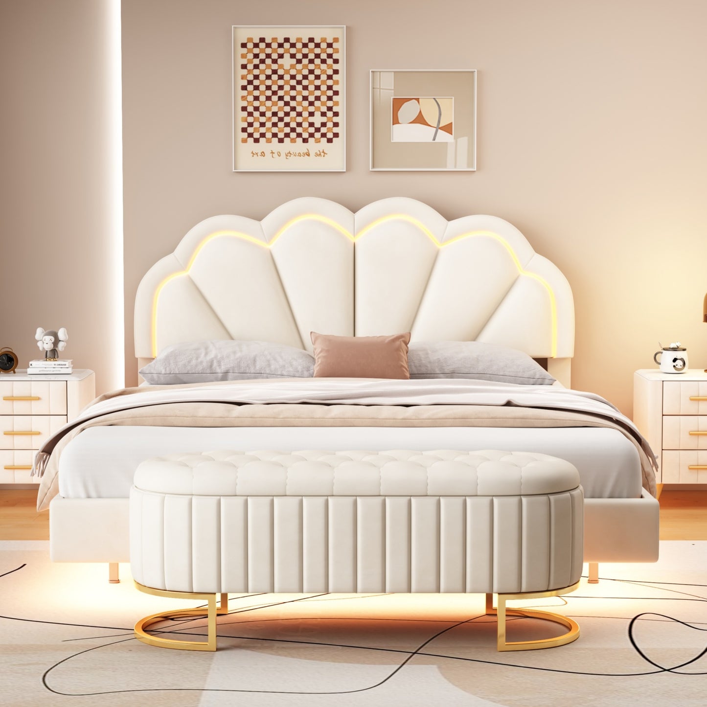 upholstered led platform bed with storage ottoman