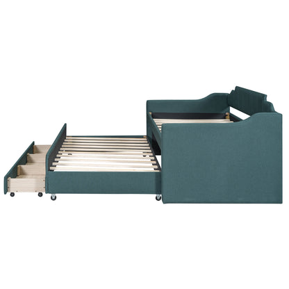 Eli Upholstered Daybed with Trundle and Three Drawers, Green
