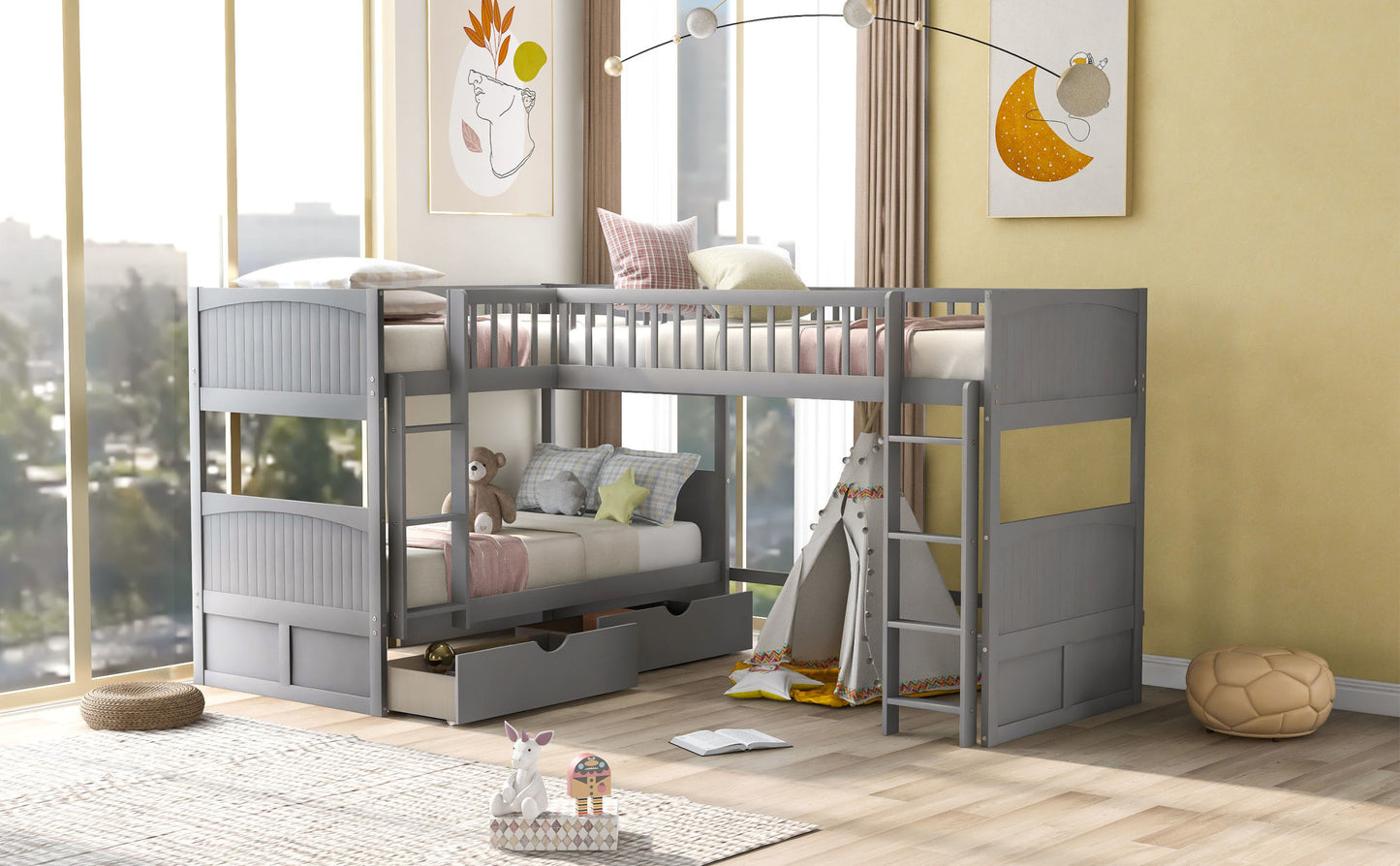 twin size bunk bed with a loft bed attached and two drawers, gray