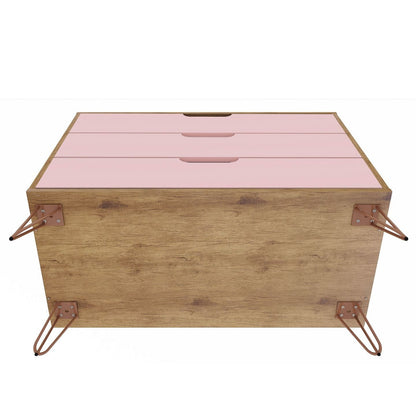 Manhattan Comfort Rockefeller Mid-Century- Modern Dresser with 3-Drawers in Nature and Rose Pink