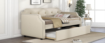 Lizzy Upholstered Bed with Trundle, Beige