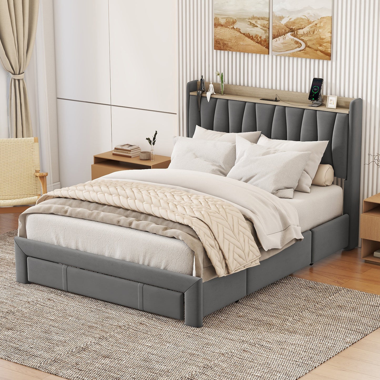 queen size bed frame with storage headboard and charging station,dark gray