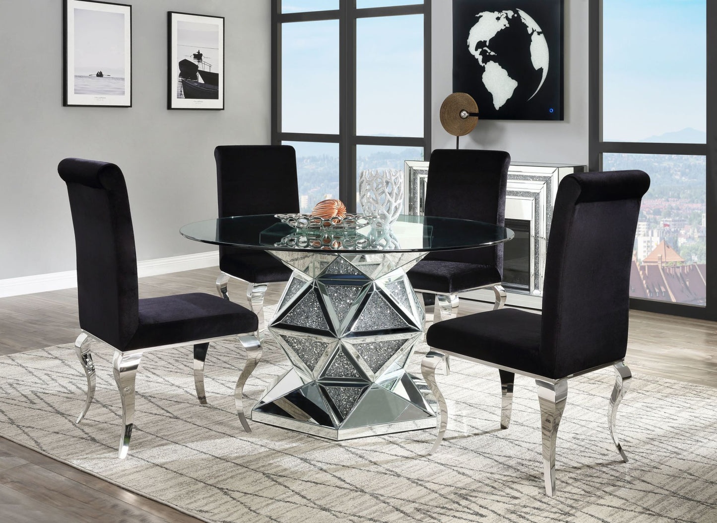 acme noralie dining table, mirrored & faux diamonds