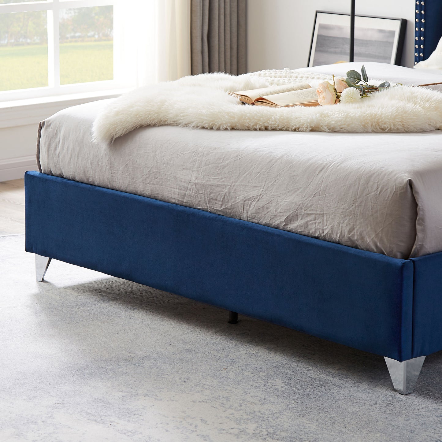 mox upholstered queen bed+ metal legs with electroplate