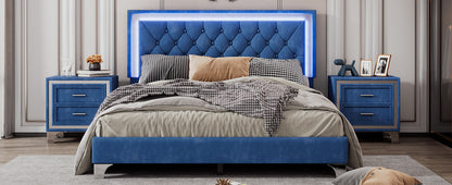 3-Pieces Upholstered Platform Bed with LED Lights and Two Nightstands-Blue