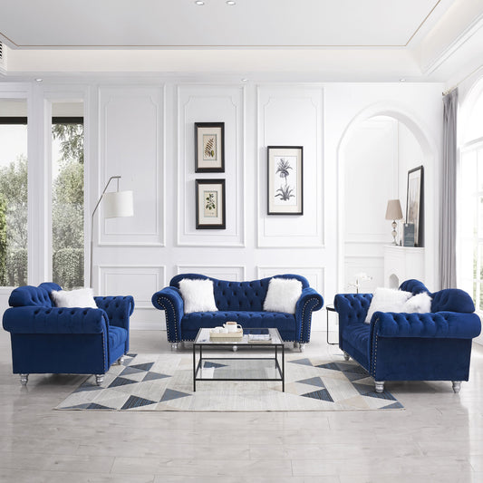 3 Piece Sofa Set with Five White Villose Pillow, Blue