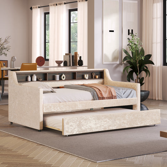 Twin Size Snowflake Velvet Bed with Built-in Storage Shelves, Beige