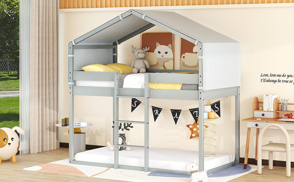 twin over twin bunk bed wood bed with tent