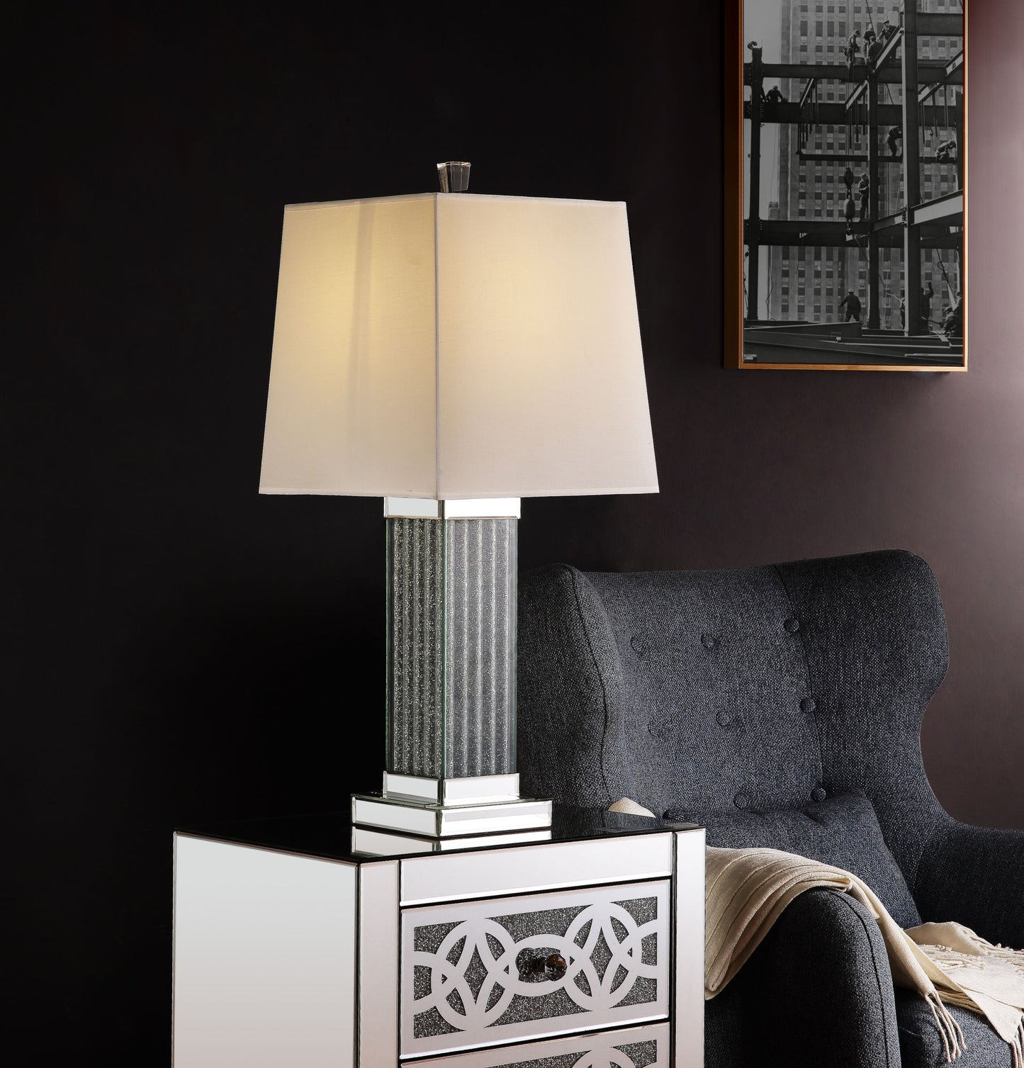 acme noralie table lamp, mirrored & faux stones