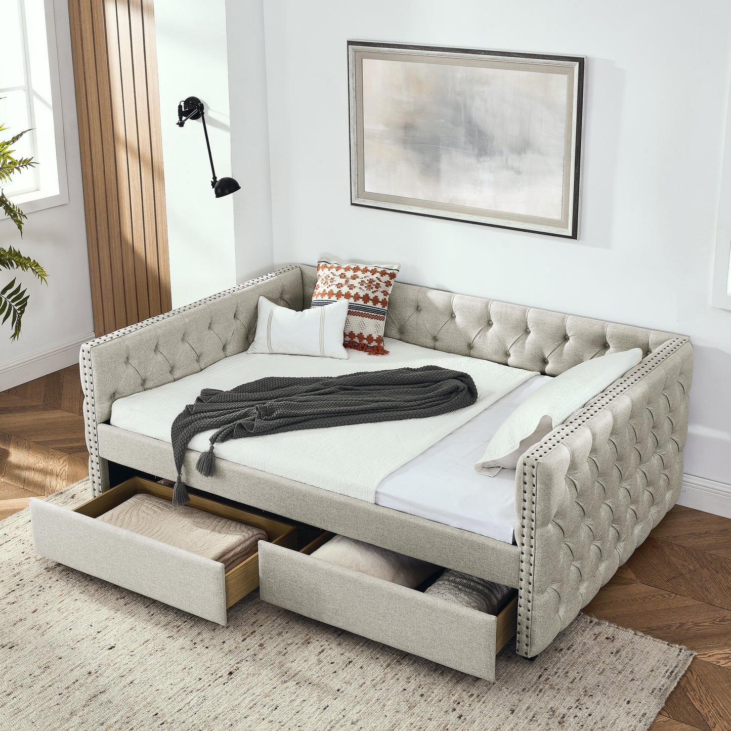 upholstered full size bed with two drawers, beige