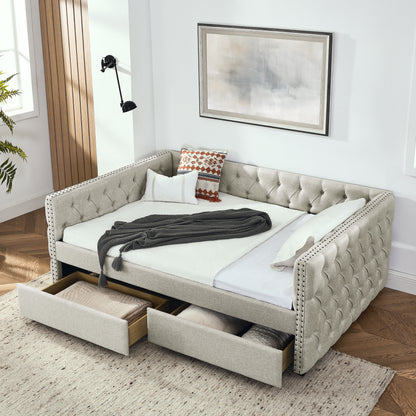 Upholstered Full Size Bed with Two Drawers, Beige