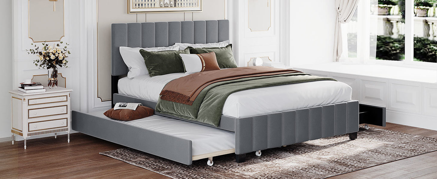 elegant velvet upholstered platform bed with 2 drawers and 1 twin xl trundle- gray