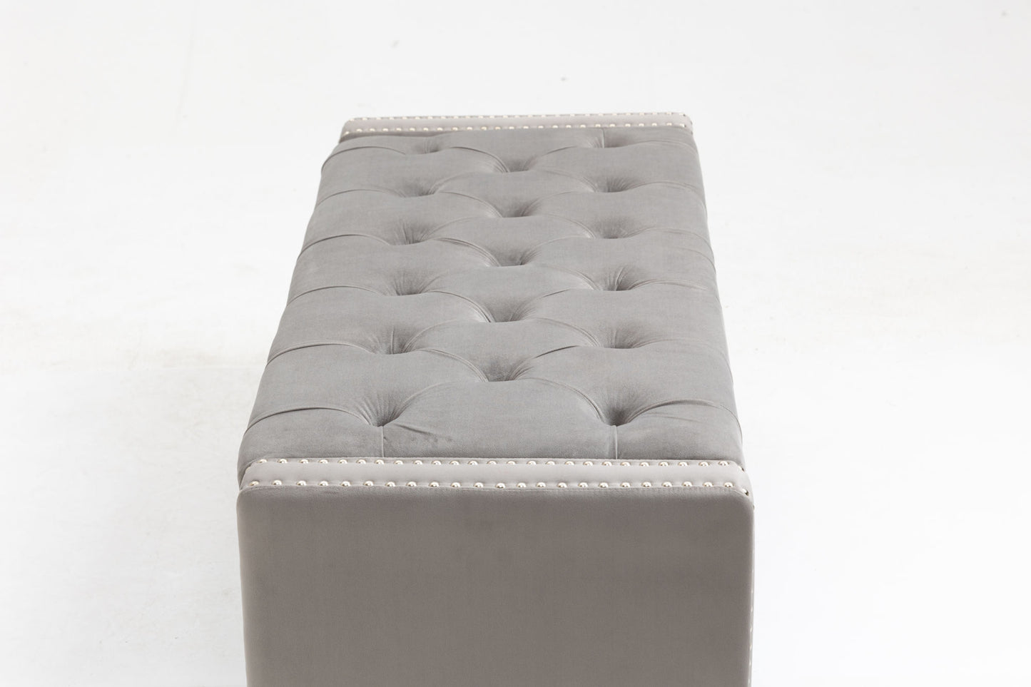 set of 3 47.5" wide upholstered storage ottoman with tufted top and solid wood legs gray