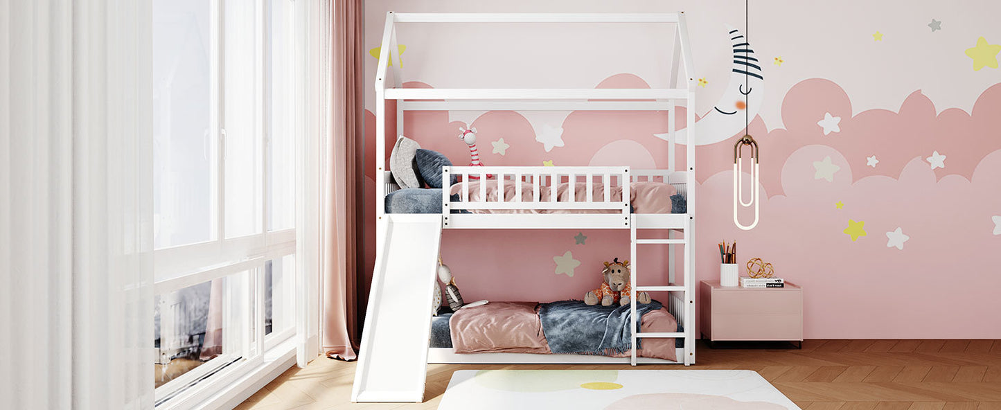 twin over twin bunk bed with slide, white