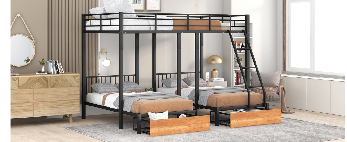 full over twin & twin bunk bed with drawers and guardrails, black