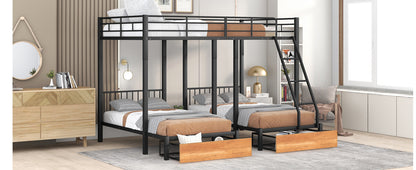 Full Over Twin & Twin Bunk Bed with Drawers and Guardrails, Black