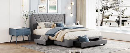 Amber Storage Bed Linen Upholstered Platform Bed with 3 Drawers (Gray)