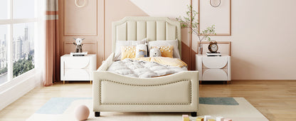 Maya Upholstered Bed with Classic Stripe Shaped Headboard, Beige