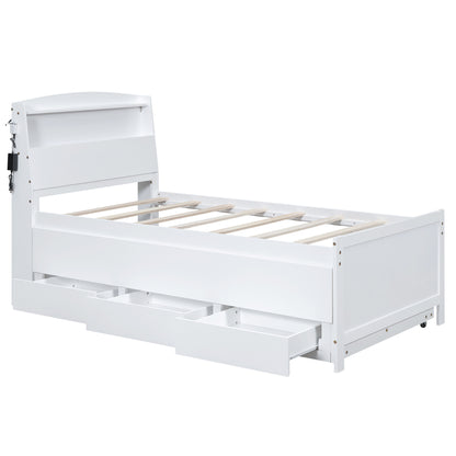 Platform Bed with Storage LED Headboard, Twin Size Trundle and 3 Drawers, White