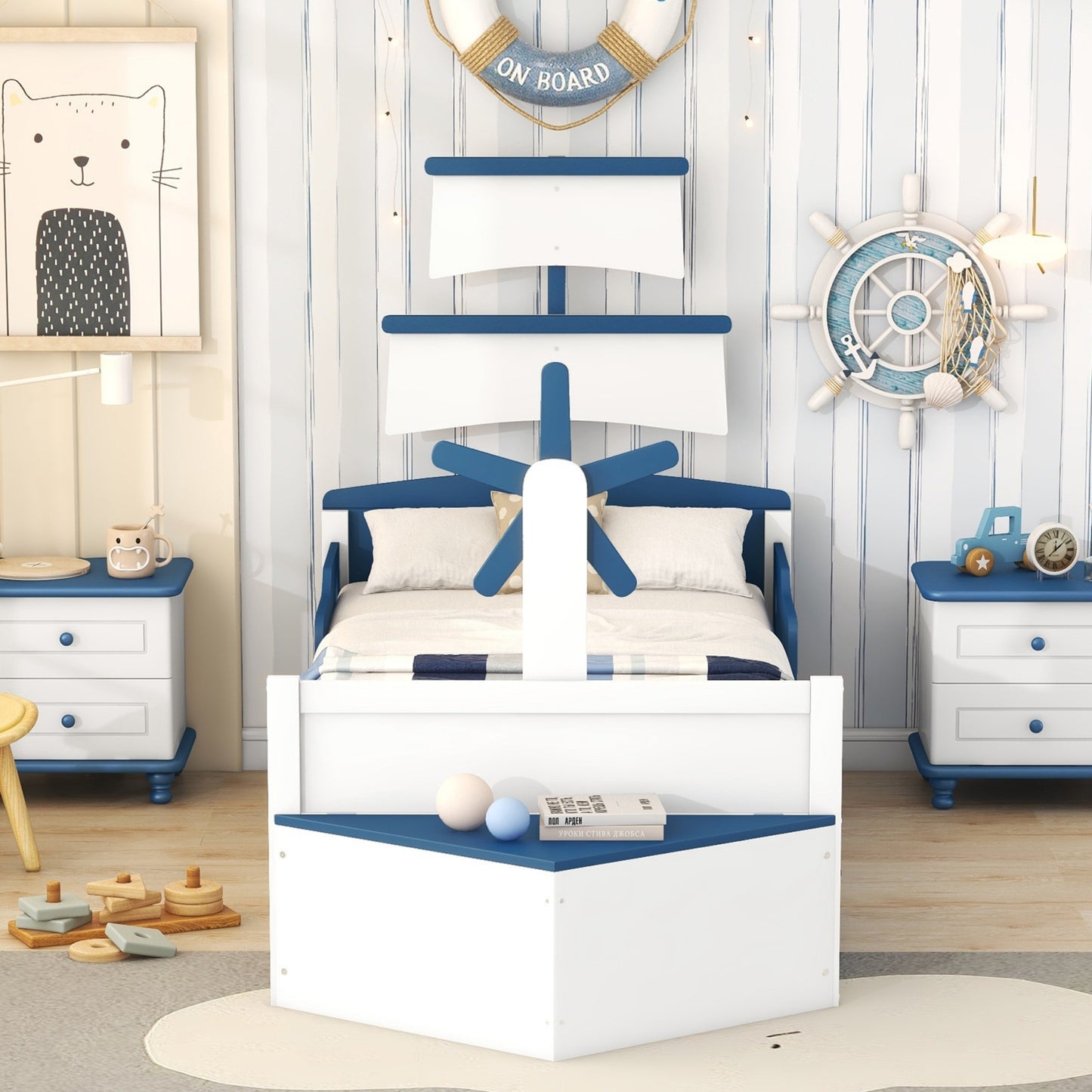 boat-shaped  bed with twin size trundle & storage, blue