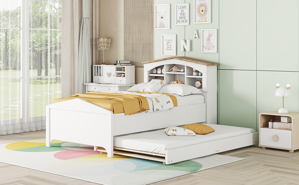 house-shaped bed with storage headboard and trundle, white
