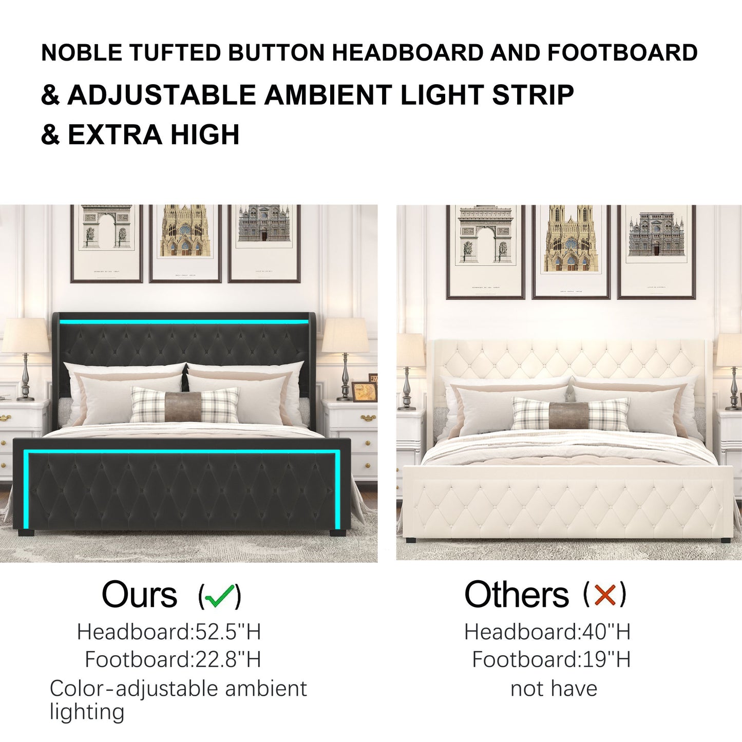 velvet upholstered bed with deep tufted buttons & adjustable colorful led light, black