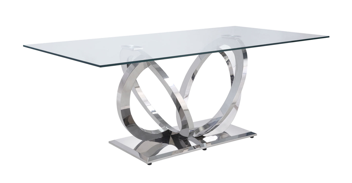 acme finley dining table, clear glass & mirrored silver finish
