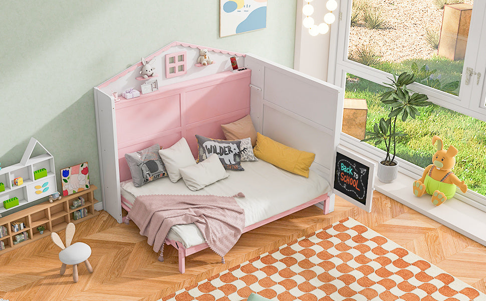 house murphy bed with usb, storage shelves and blackboard, pink+white