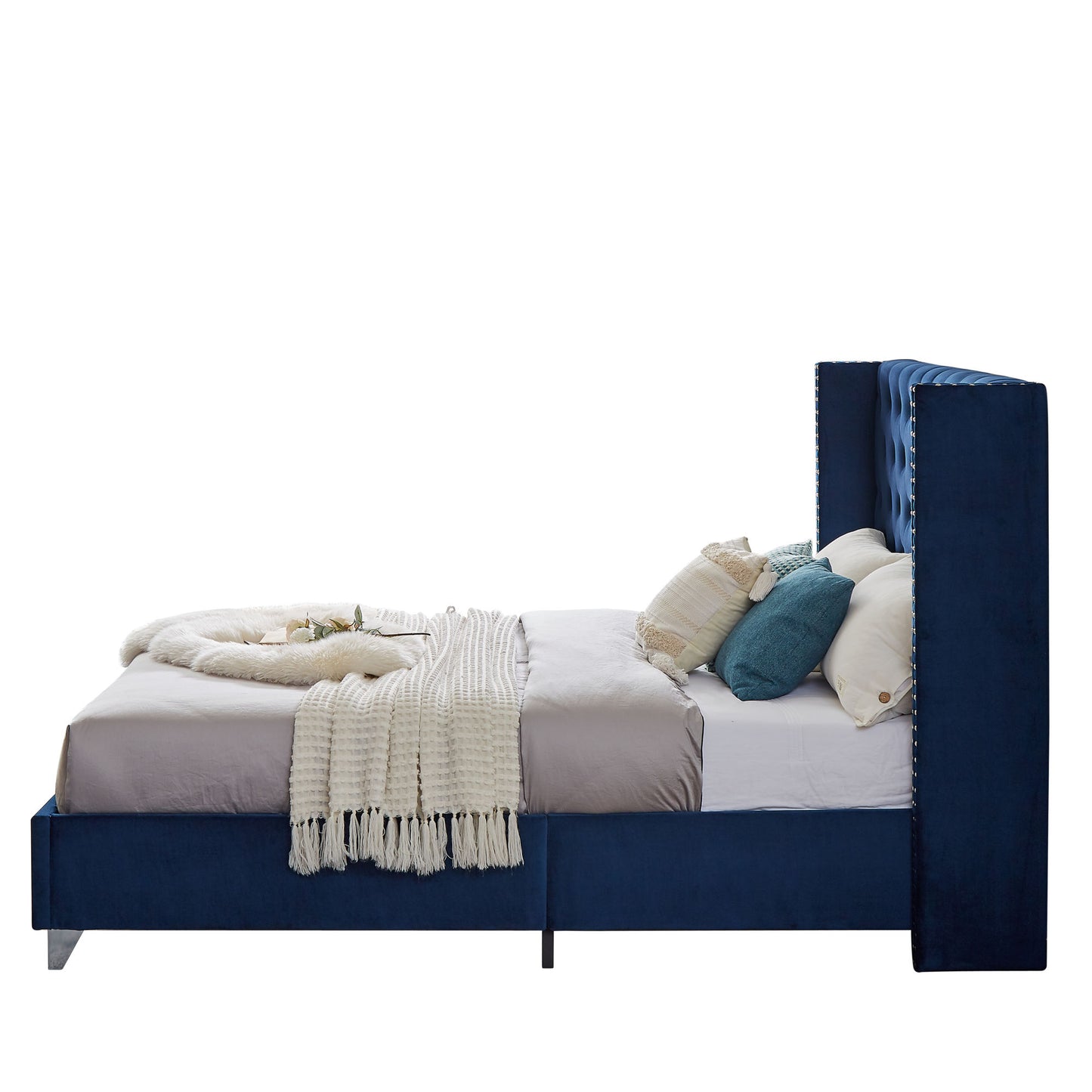 mox upholstered queen bed+ metal legs with electroplate