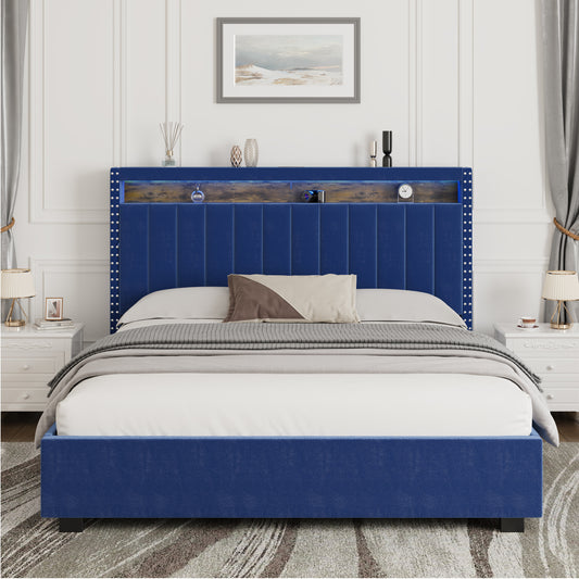 Luxury Gas Lift Storage Bed with RF LED Lights, Storage Headboard ,Velvet Blue