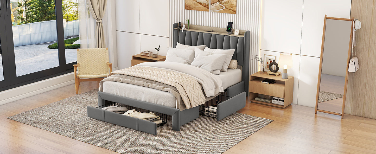 queen size bed frame with storage headboard and charging station,dark gray
