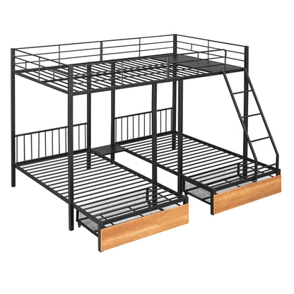 Full Over Twin & Twin Bunk Bed with Drawers and Guardrails, Black