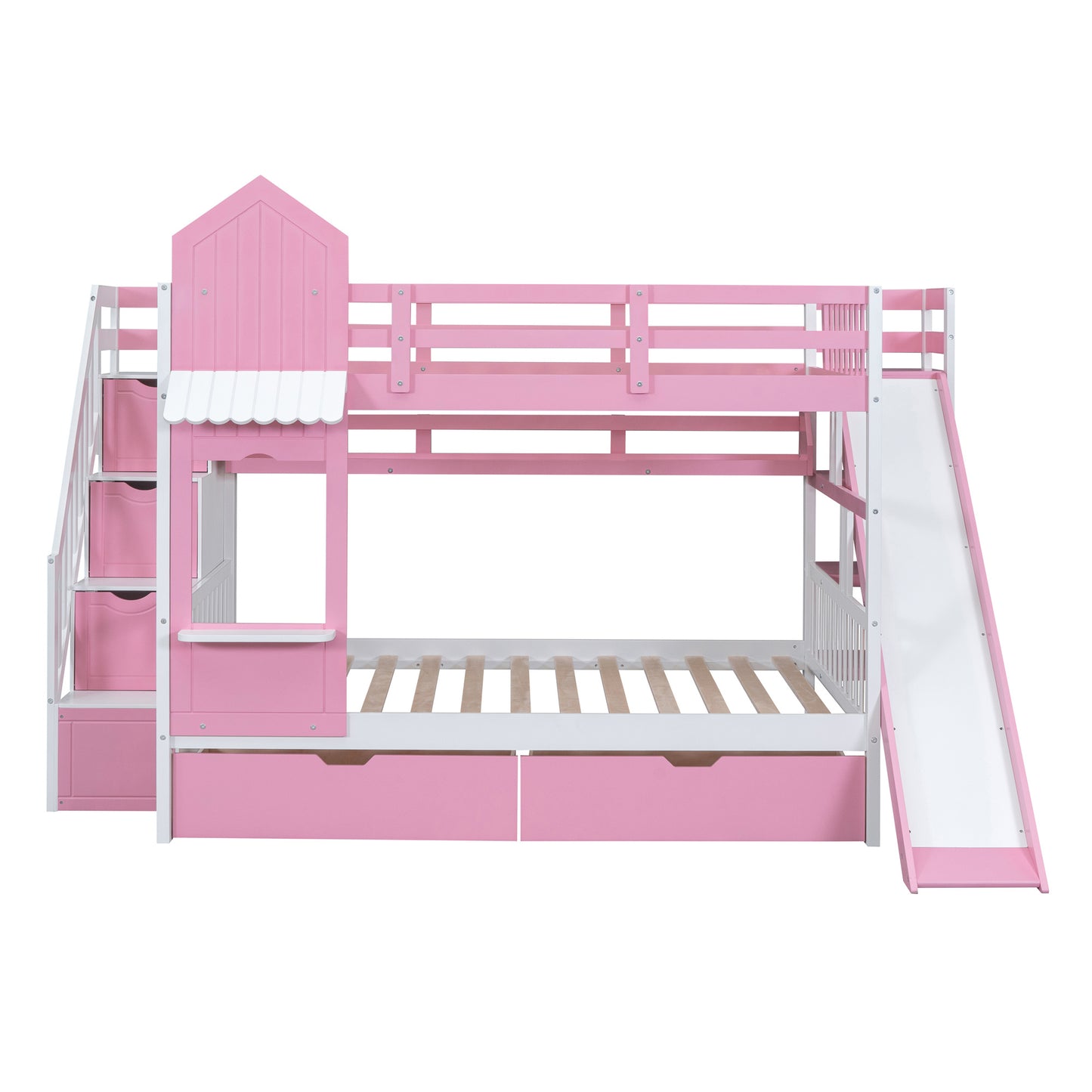 full-over-full castle style bunk bed with 2 drawers 3 shelves and slide - pink