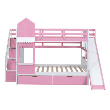 Full-Over-Full Castle Style Bunk Bed with 2 Drawers 3 Shelves and Slide - Pink